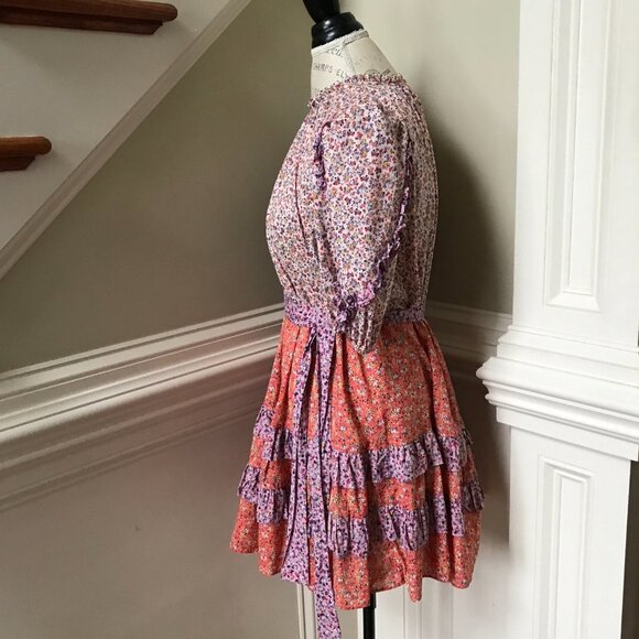 Ann Taylor Floral Fit & Flare Dress Womens 6 Orange Purple Crew Neck Mini Ruffle - Picture 10 of 13